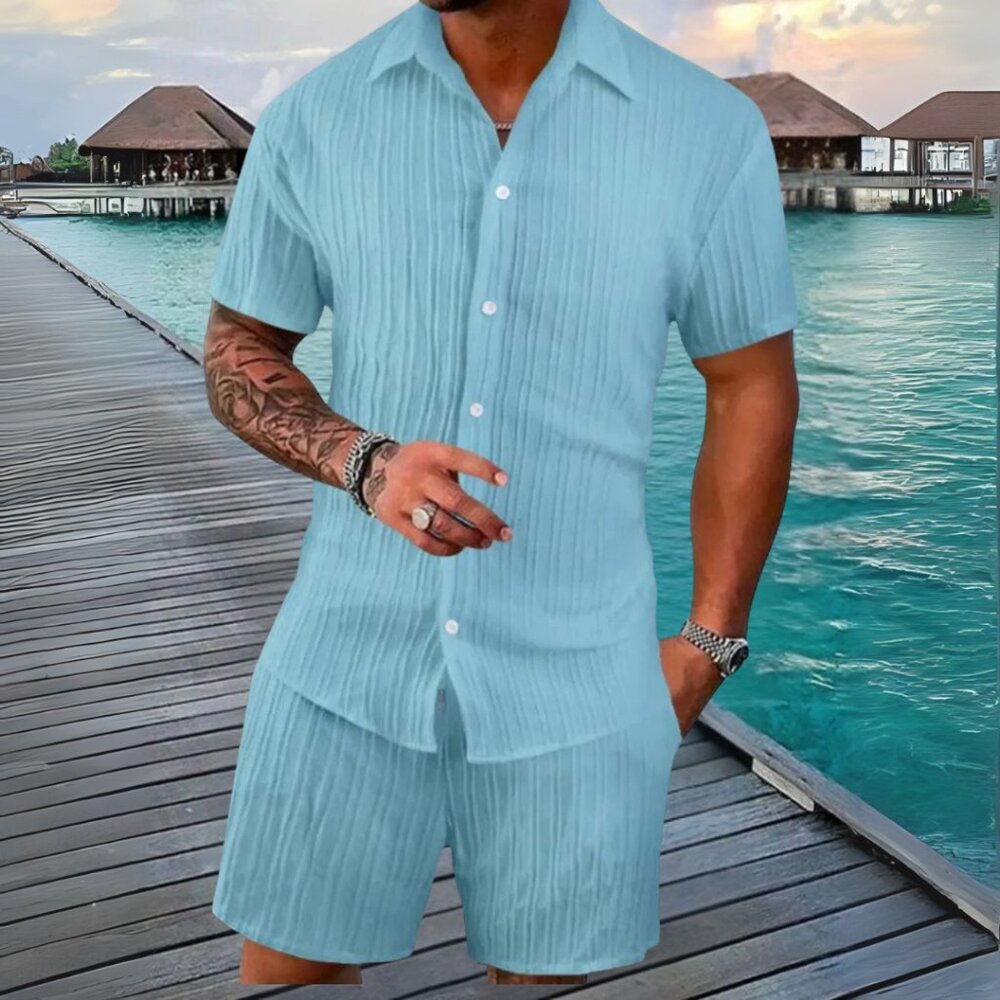 Men's Pastel Blue Button Down Short Sleeve Shirt & Shorts Resort Outfit